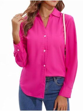 Women's Long Sleeve V-Neck Button Down Shirt Wrinkle Free Blouse Cotton Blend